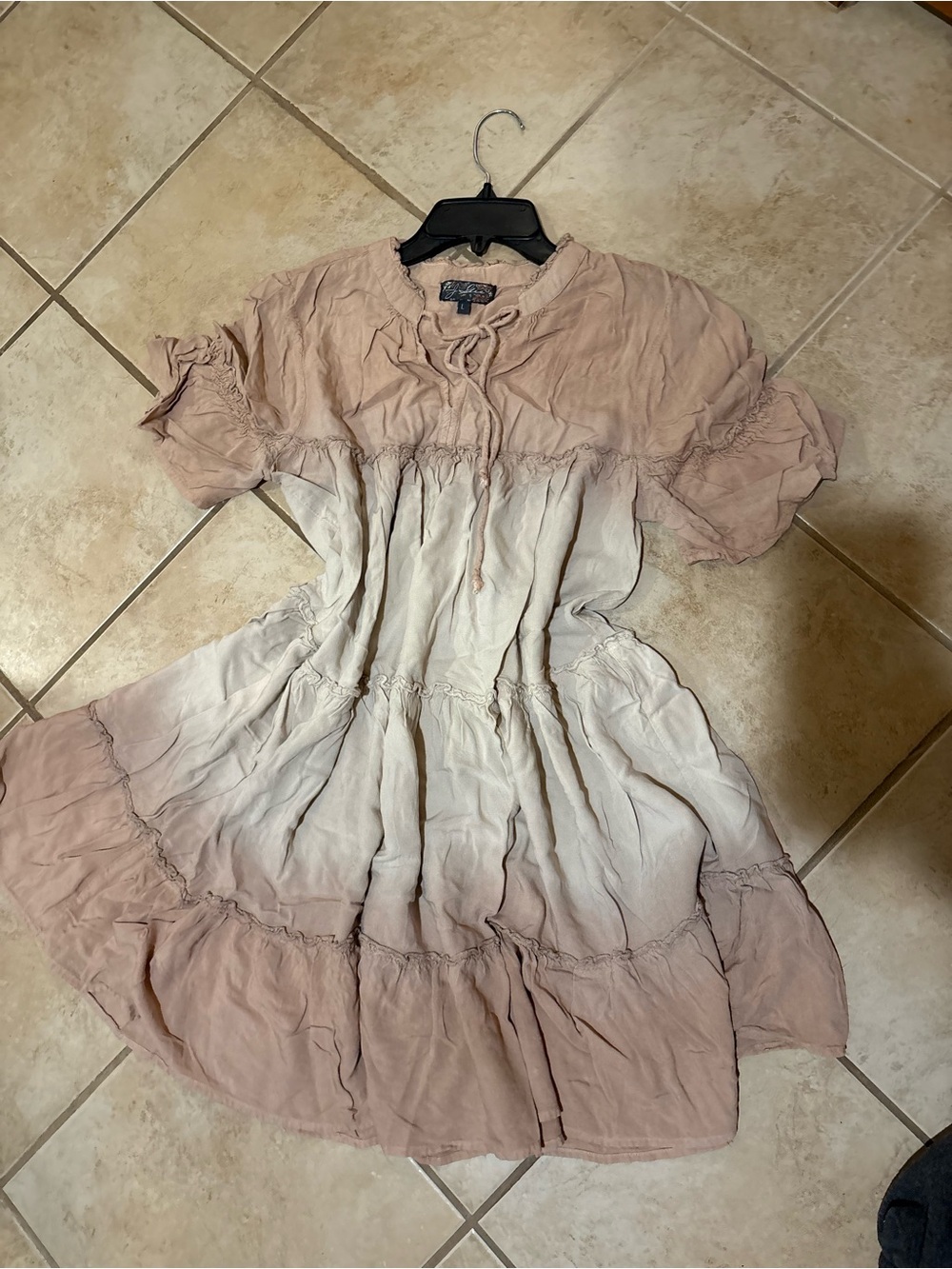 Women's Pink and Cream Tie-Dye Short Dress with Ruffle Hem